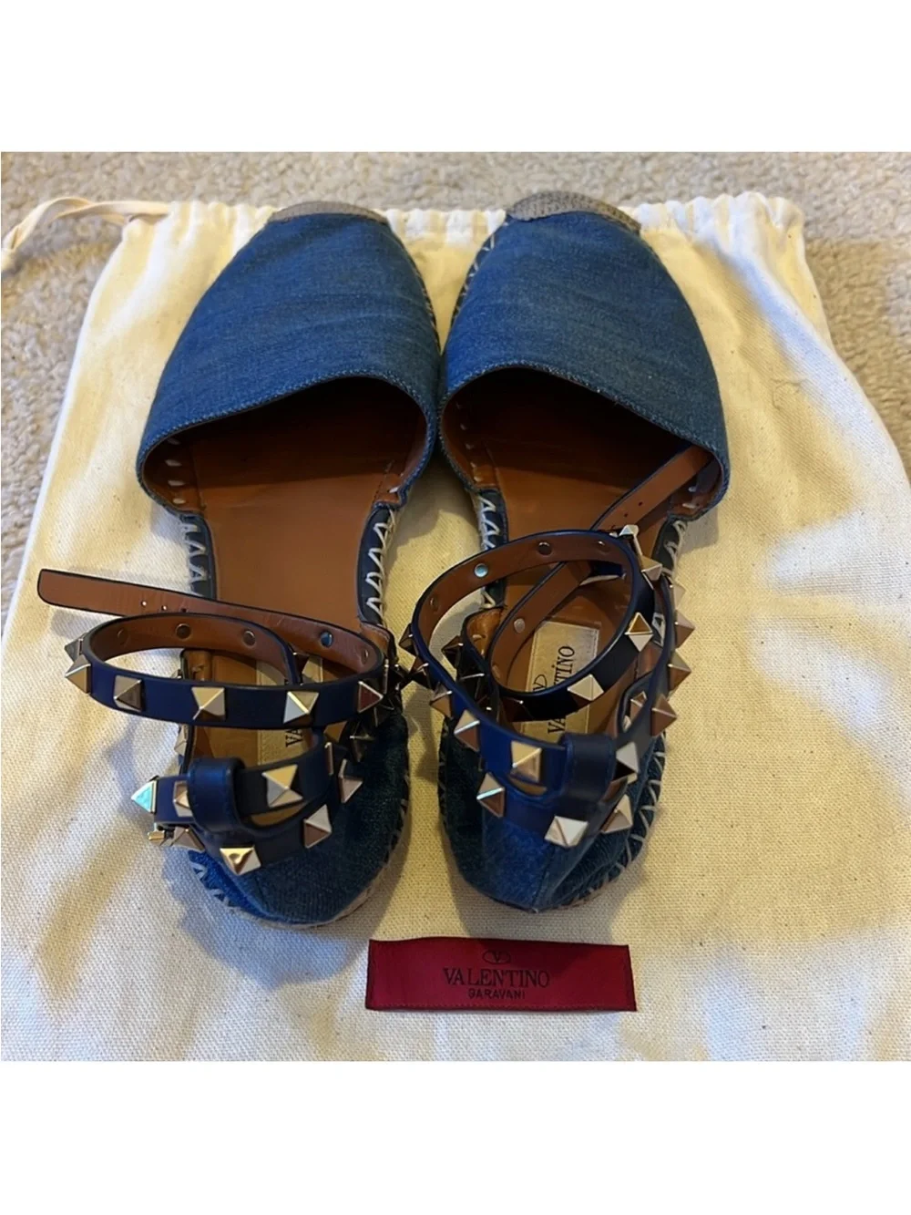Valentino Denim Espadrille Flats with Black Studded Ankle Straps